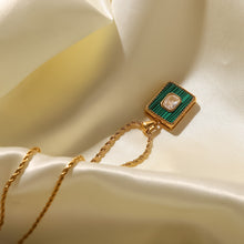 Load image into Gallery viewer, 18K Gold Inlaid White Zircon Malachite Twist Chain Square Pendant Necklace