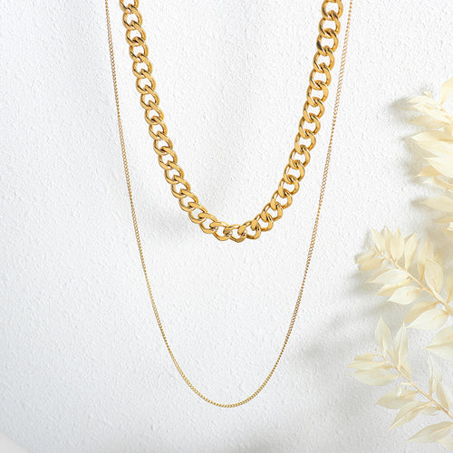 18K gold simple personalized thick and thin chain double layer stacking design versatile necklace